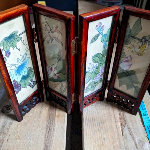 Antique Japanese 4-Panel Folding Screen. Hand Carved/Pained | + 3 extra Panels - Picture 4 of 12